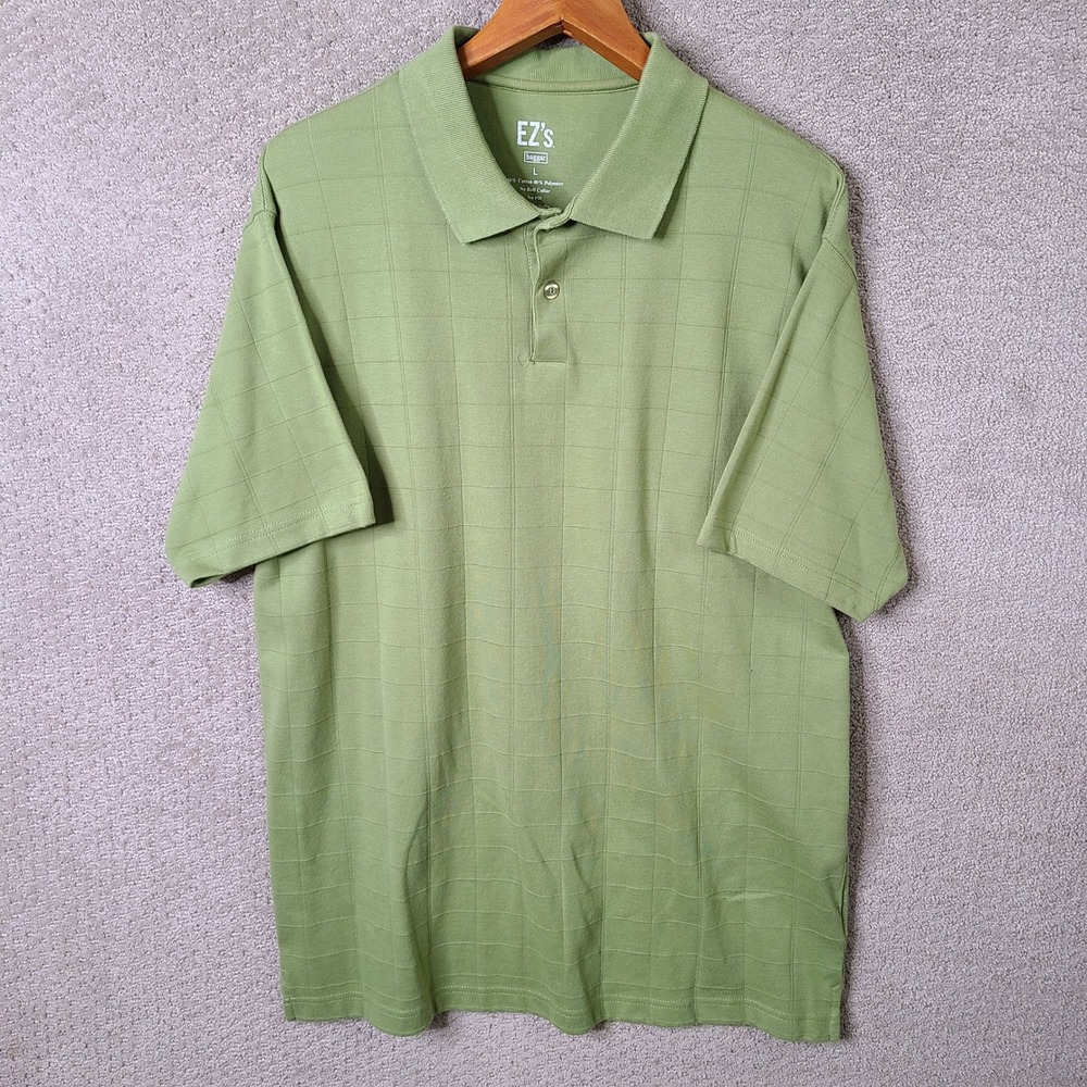 Haggar Shirt Mens Large Green Grid Polo EZs Cotton Blend Short Sleeve Casual